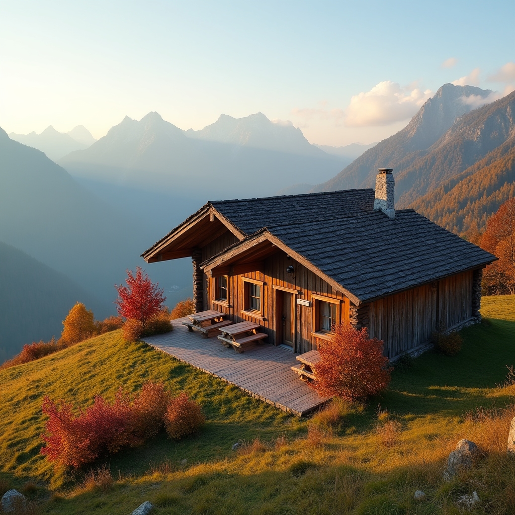 Almhütte im warmen Herbstlicht mit Bergpanorama