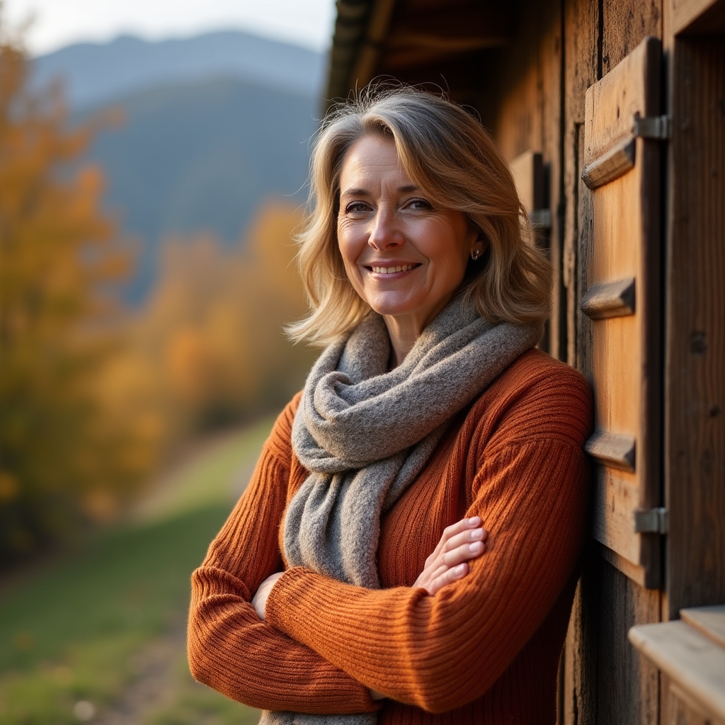 Beraterin steht vor einer Almhütte im Herbst